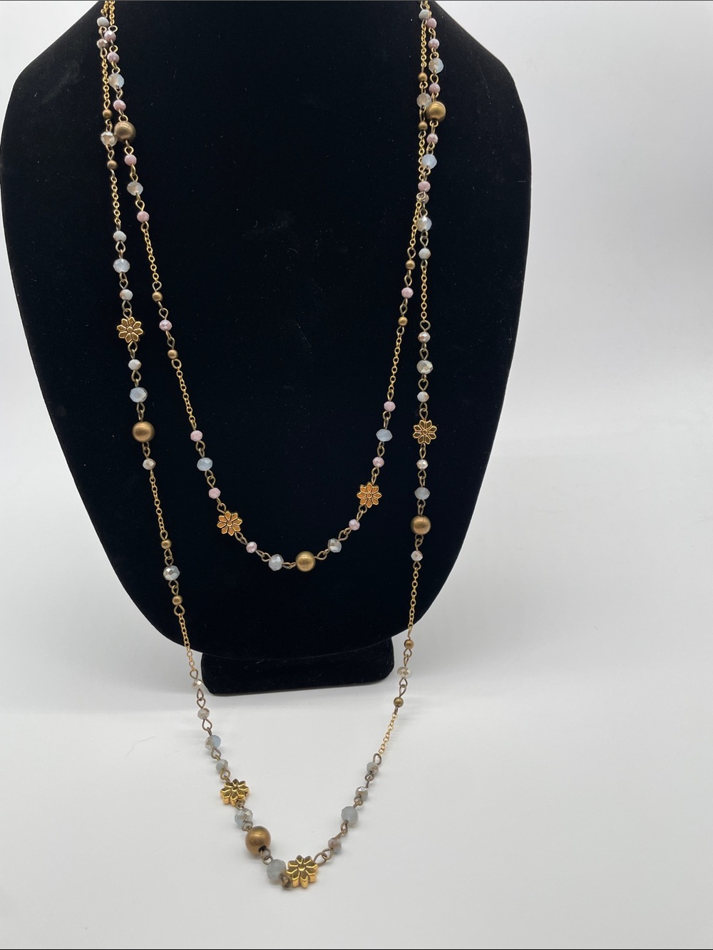 Gold-Tone Layered Floral Bead Necklace in Pink & Gray